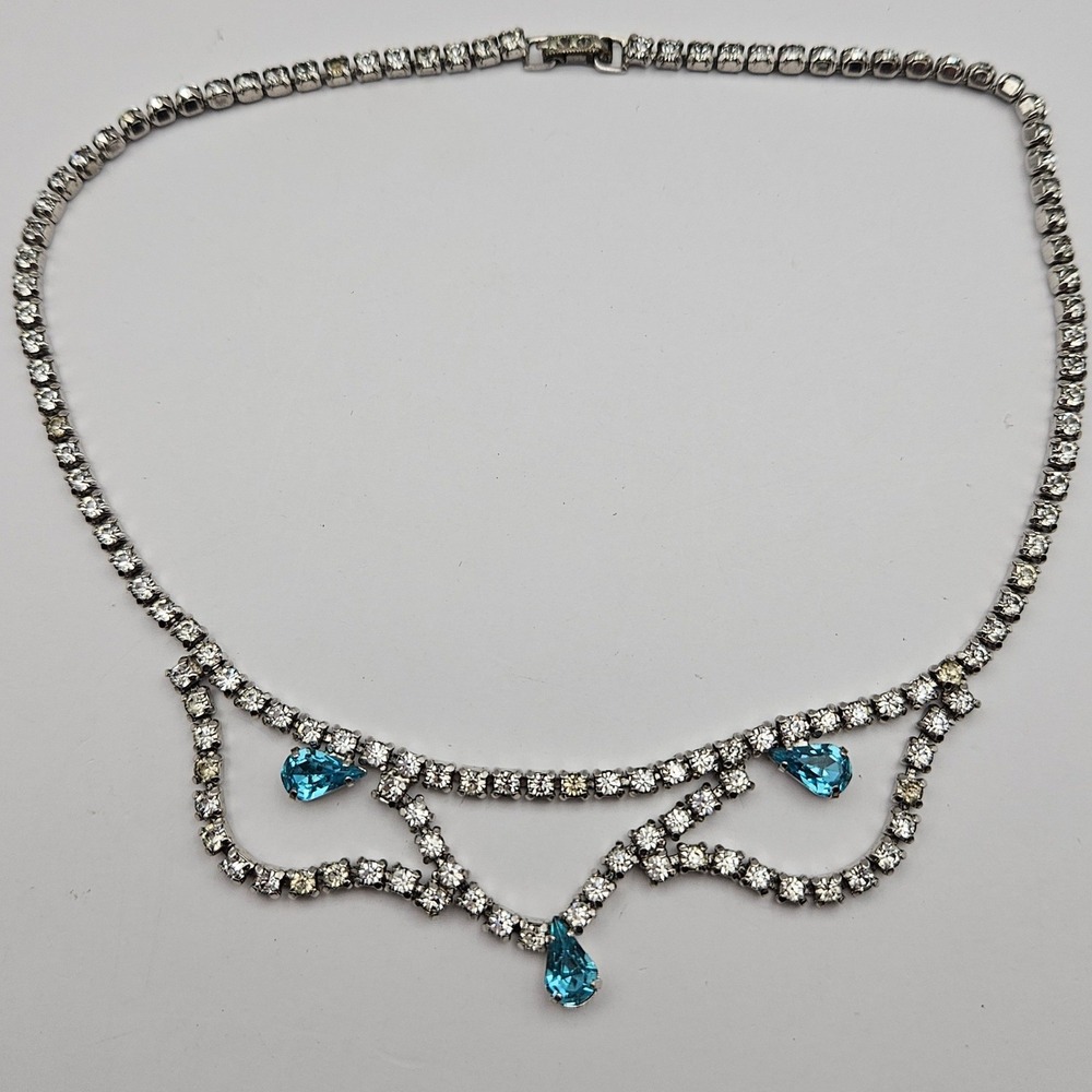 Vintage Silver Tone Blue Teardrop Rhinestone Bib Necklace 15 Inch Mid Century
